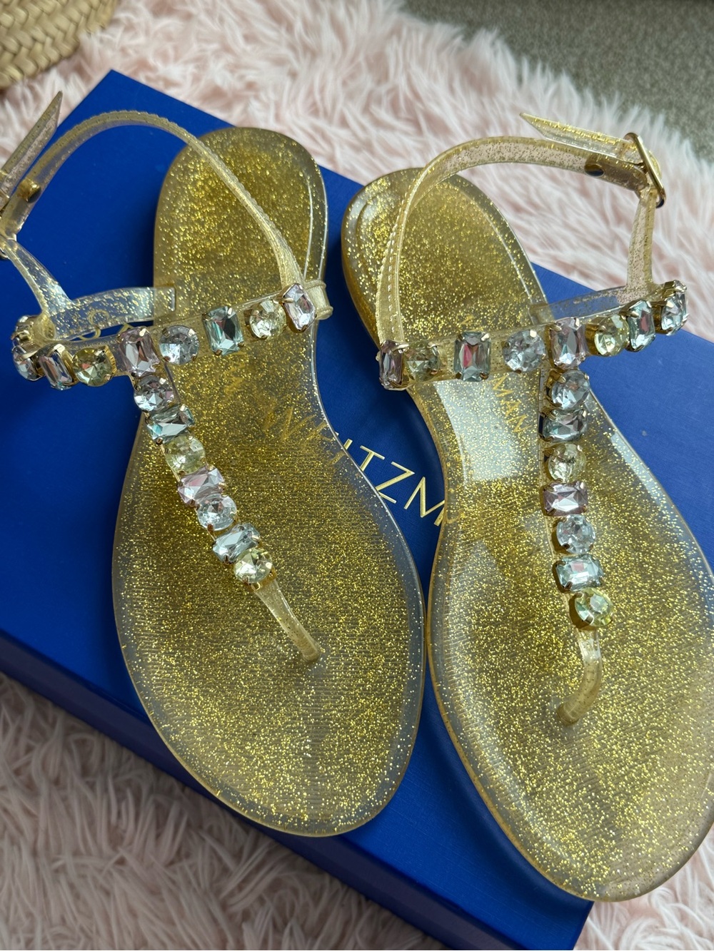 Stuart Weitzman Gold Glitter Jeweled T-Strap Sandals